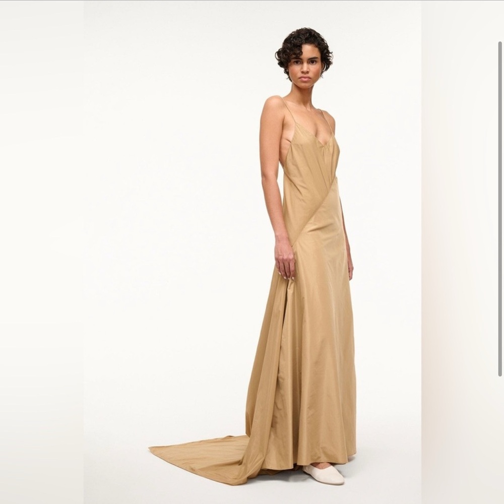 STAUD Gold Spaghetti Strap Maxi Gown